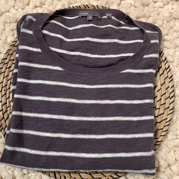 Vince Charcoal Gray Striped Lightweight 100% Cotton Round Neck Knit Top Shirt M - Picture 8 of 17
